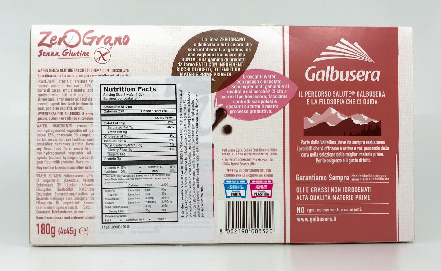 Galbusera - Zero Grano - Senza Glutine - Chocolate Wafers - 180g (6.3oz)