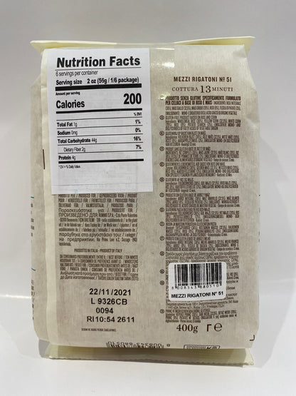 Rummo - Mezzi Rigatoni # 51 - Pasta - 400g (14.10 oz) (Gluten Free)